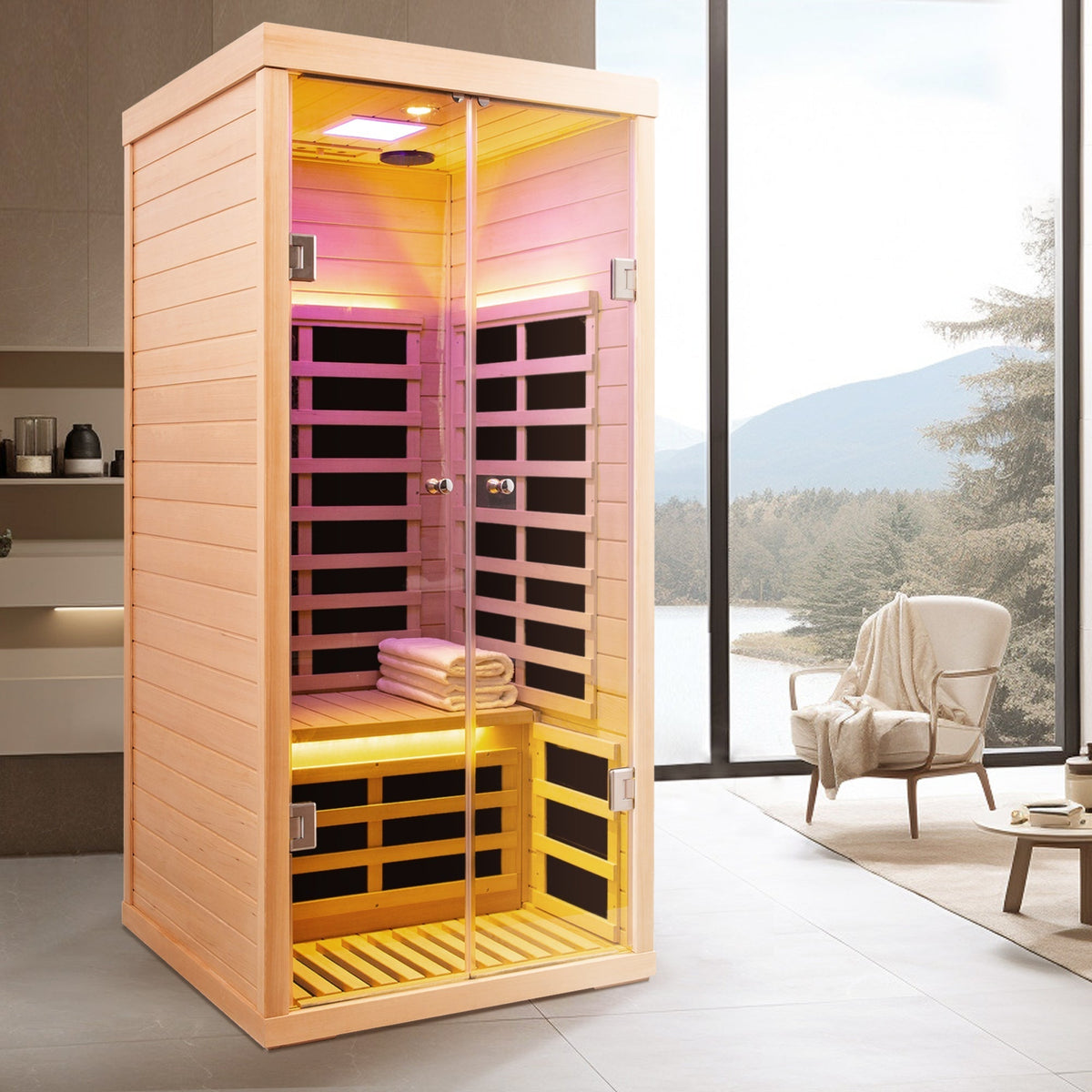 Luxury Indoor Low EMF Far Infrared Sauna Room with Hemlock Wood and Glass Double Doors - The Vitality Estate