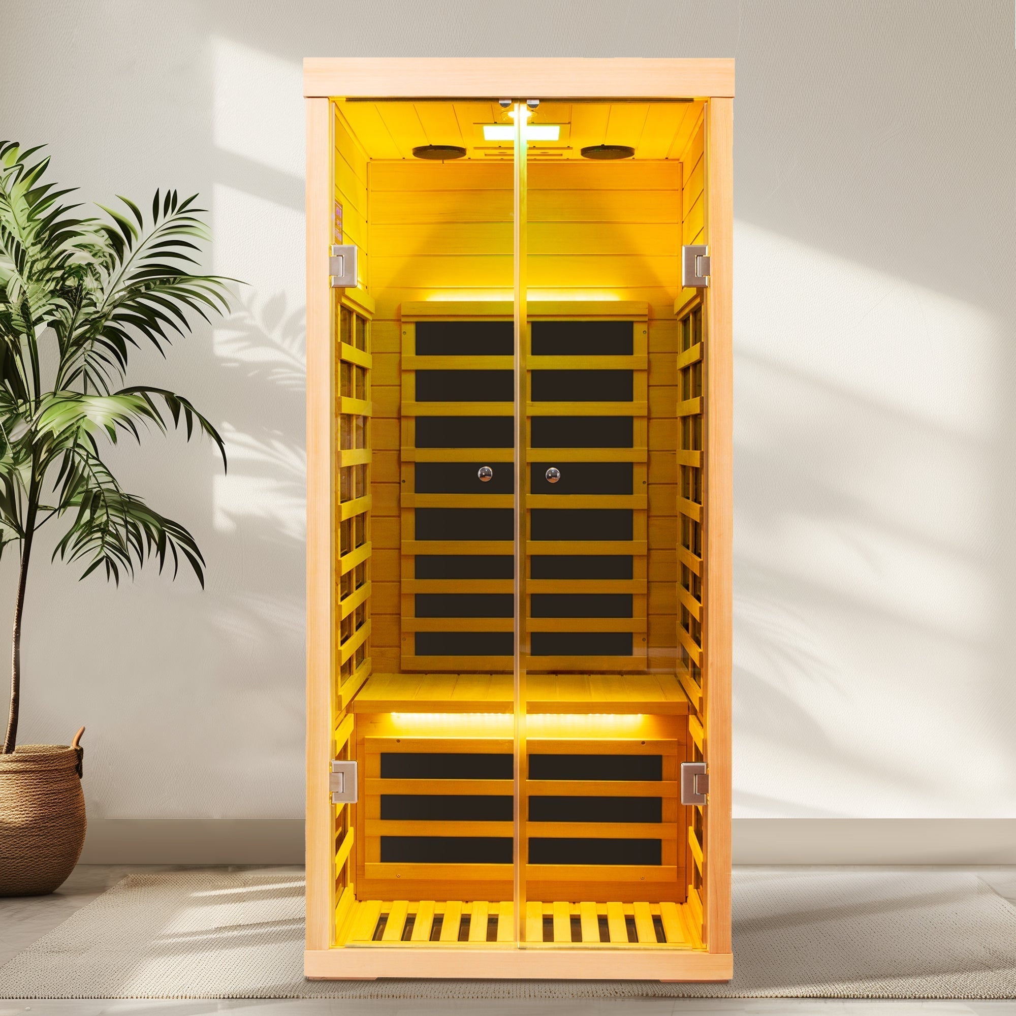 Luxury Indoor Low EMF Far Infrared Sauna Room with Hemlock Wood and Glass Double Doors - The Vitality Estate
