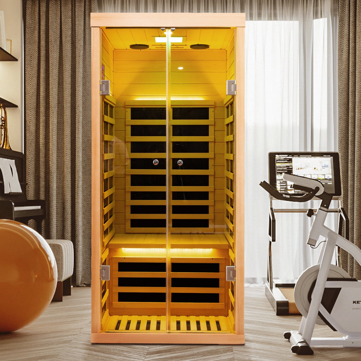 Luxury Indoor Low EMF Far Infrared Sauna Room with Hemlock Wood and Glass Double Doors - The Vitality Estate