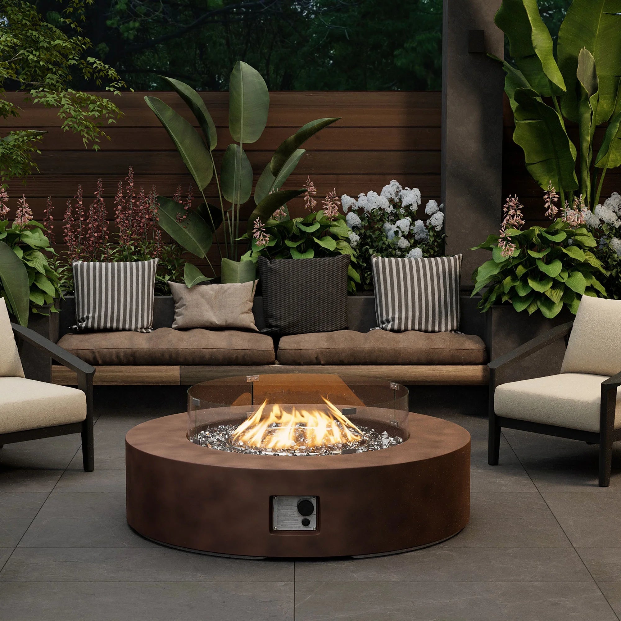 MGO Outdoor Propane Fire Pit Table with Wind Guard, Transparent Gray Fire Glass, Waterproof Cover for Garden, Backyard - The Vitality Estate