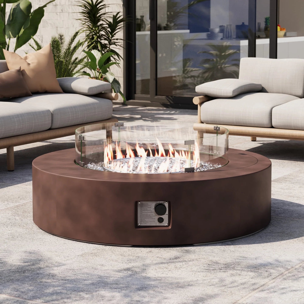 MGO Outdoor Propane Fire Pit Table with Wind Guard, Transparent Gray Fire Glass, Waterproof Cover for Garden, Backyard - The Vitality Estate