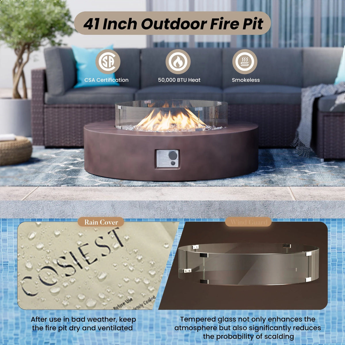 MGO Outdoor Propane Fire Pit Table with Wind Guard, Transparent Gray Fire Glass, Waterproof Cover for Garden, Backyard - The Vitality Estate
