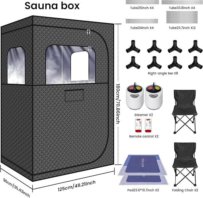 MIXC Full Body Portable Personal Saunas Box for Home, 2 Person Steam Sauna at Home Spa with 2.6L & 1500W, Two-Person with 2 Foldable Chairs, Remote Control, Home Sauna for Gym, Black - The Vitality Estate