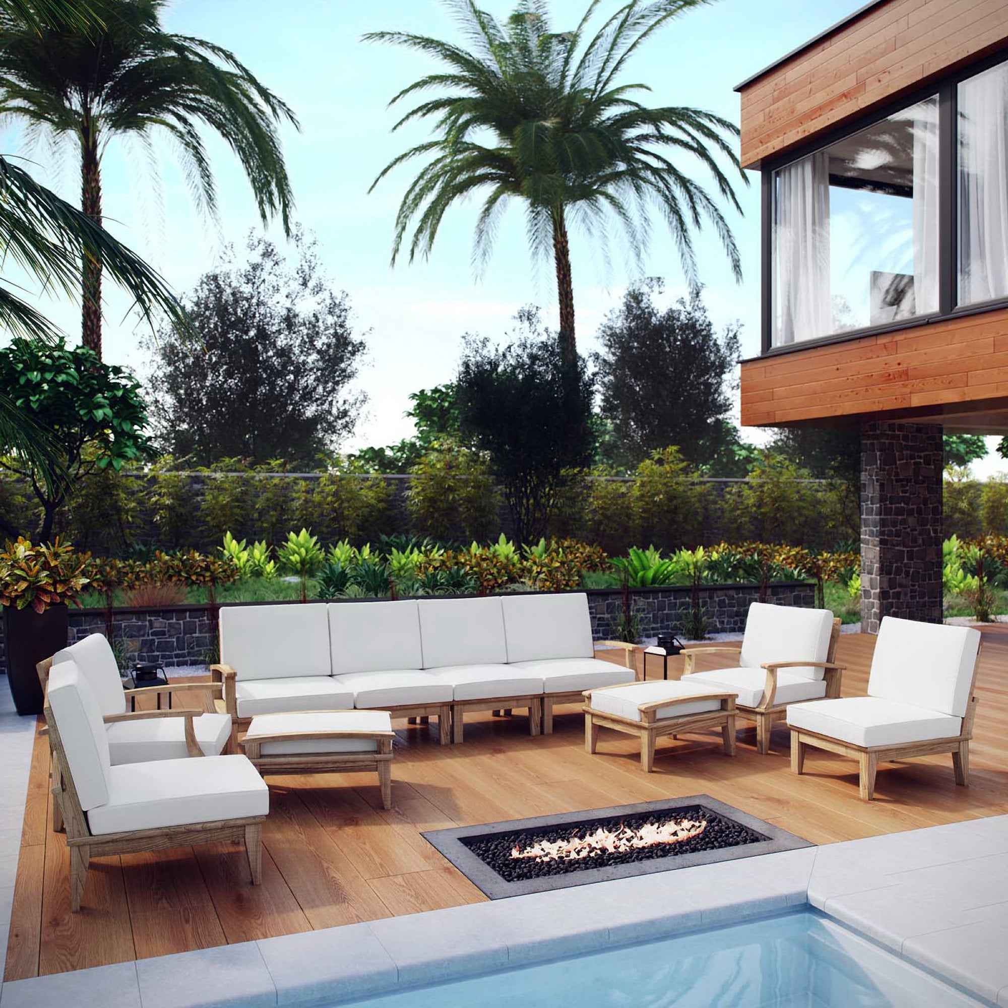 Modway Marina Outdoor Teak Patio Set with White Cushions – 10-Piece Collection by Patio Elegance - The Vitality Estate