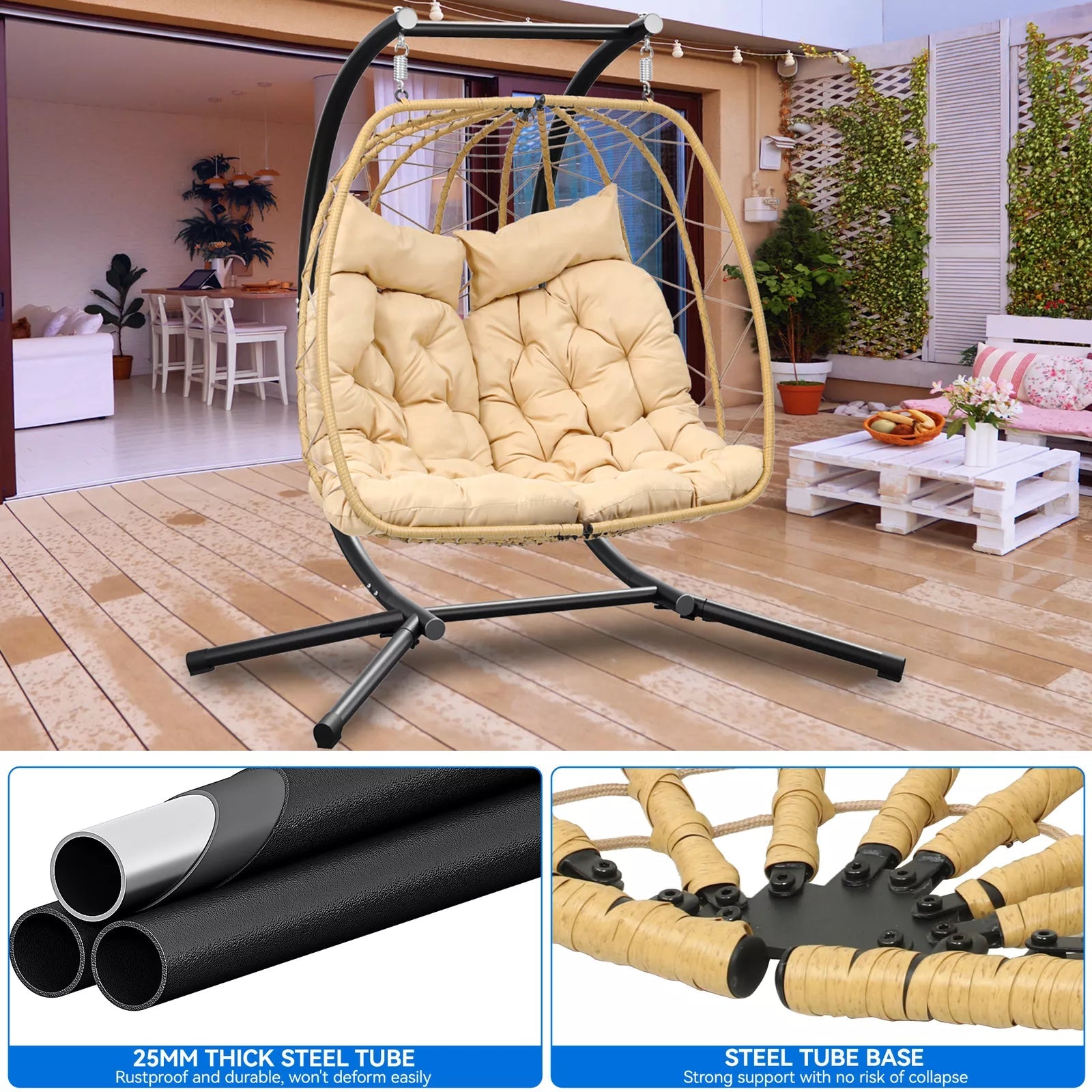Outdoor 2 Seater Hanging Patio Egg Chair With Stand - The Vitality Estate