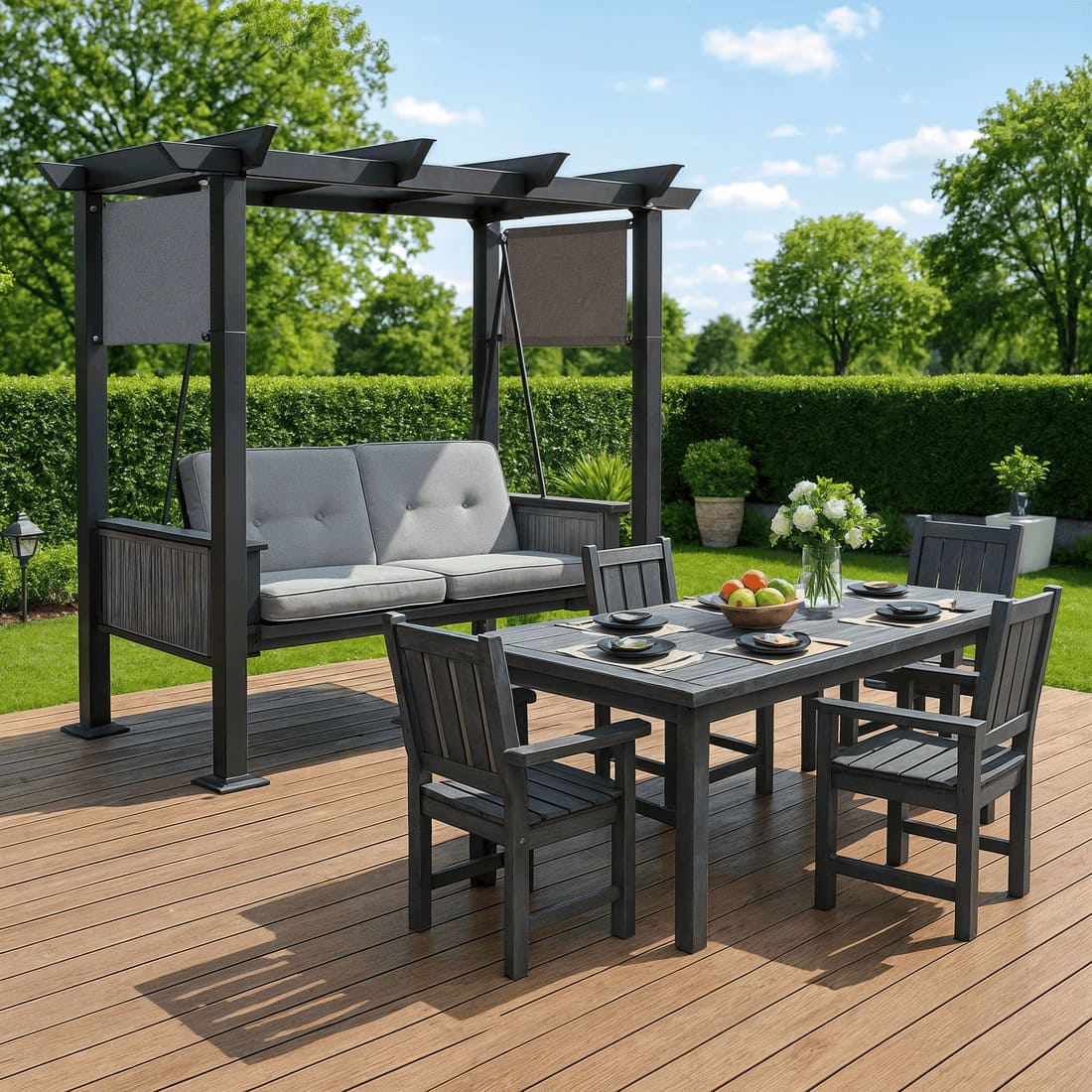 Pamapic 2 in 1 Patio Swing with 7 Pieces HDPE Dining Sets - The Vitality Estate