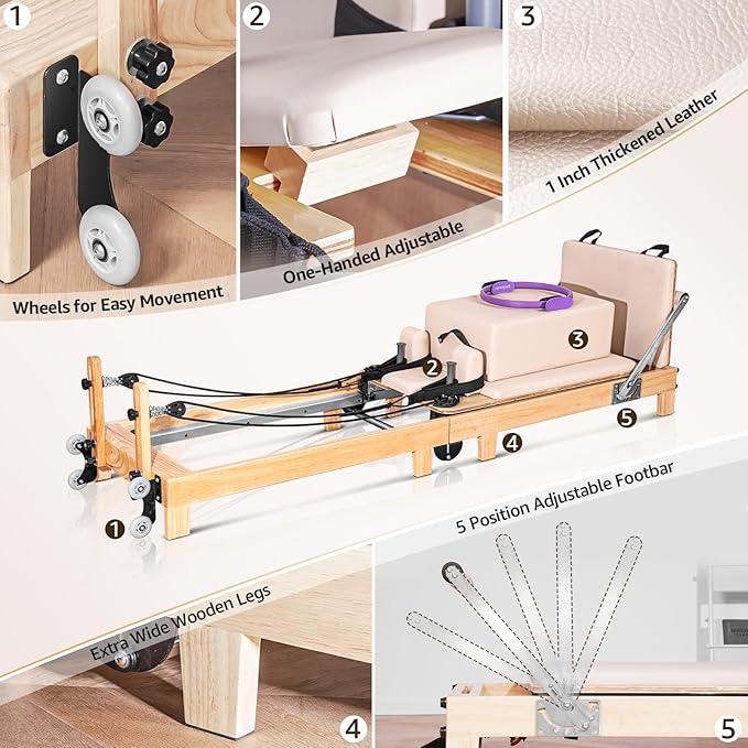 Pilates Reformer Machine, Quick-Assembly Studio Grade Pilates Equipment for Gym and Home, Oak Wood Pilates Reformer with Reformer Accessories - The Vitality Estate