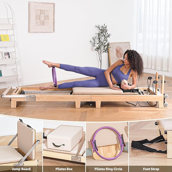 Pilates Reformer Machine, Quick-Assembly Studio Grade Pilates Equipment for Gym and Home, Oak Wood Pilates Reformer with Reformer Accessories - The Vitality Estate