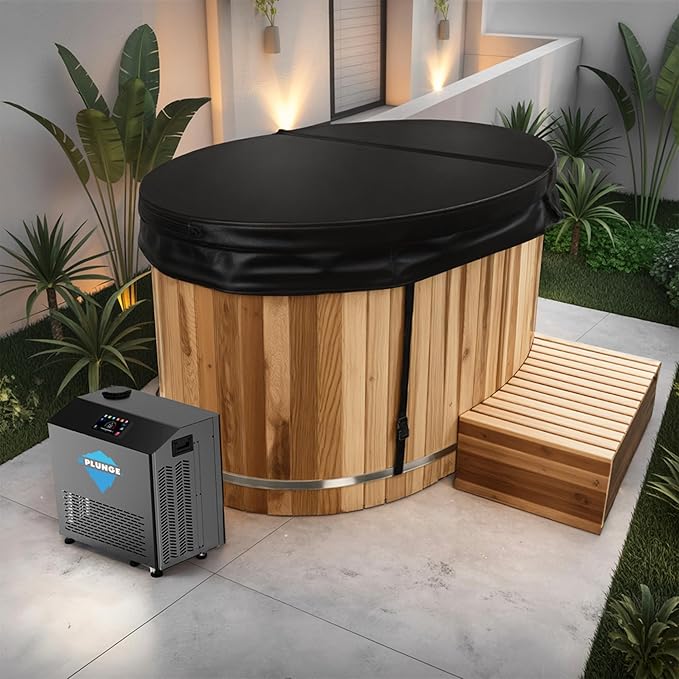 Premium 62-in. Cedar Wood Cold Plunge and Hot Tub with 1HP Chiller and Heater | Stainless Steel Tub with Wooden Step, Foldable Cover, Headrest, and WiFi App Control Chiller for Indoor/Outdoor Use - The Vitality Estate