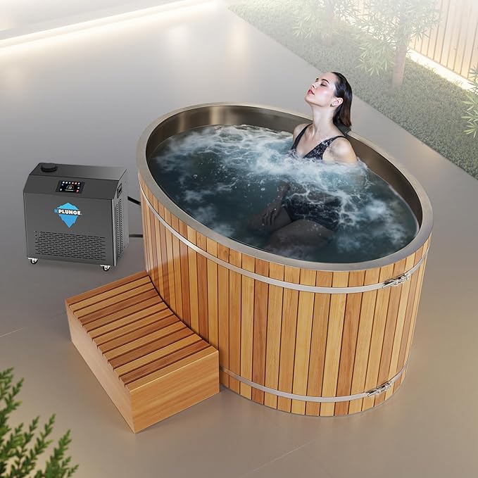 Premium 62-in. Cedar Wood Cold Plunge and Hot Tub with 1HP Chiller and Heater | Stainless Steel Tub with Wooden Step, Foldable Cover, Headrest, and WiFi App Control Chiller for Indoor/Outdoor Use - The Vitality Estate