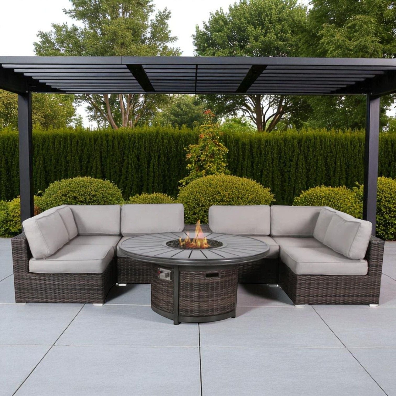 Rattan Patio Set With Comfortable Cushions And Fire Pit - The Vitality Estate