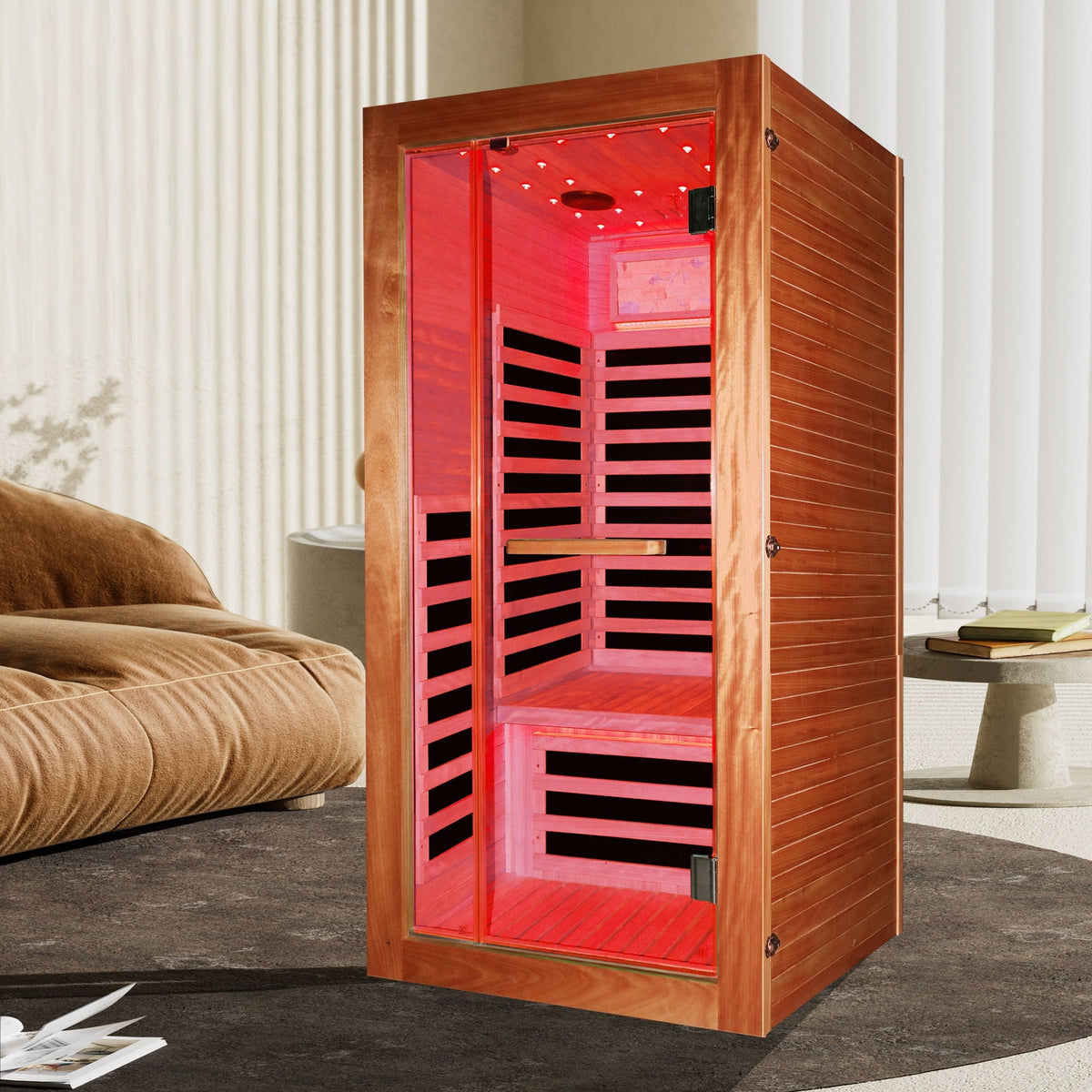 Single Person Sauna Room With LED Lighting, Epoxy Heating Plates, And Compact Design - American White Oak - The Vitality Estate