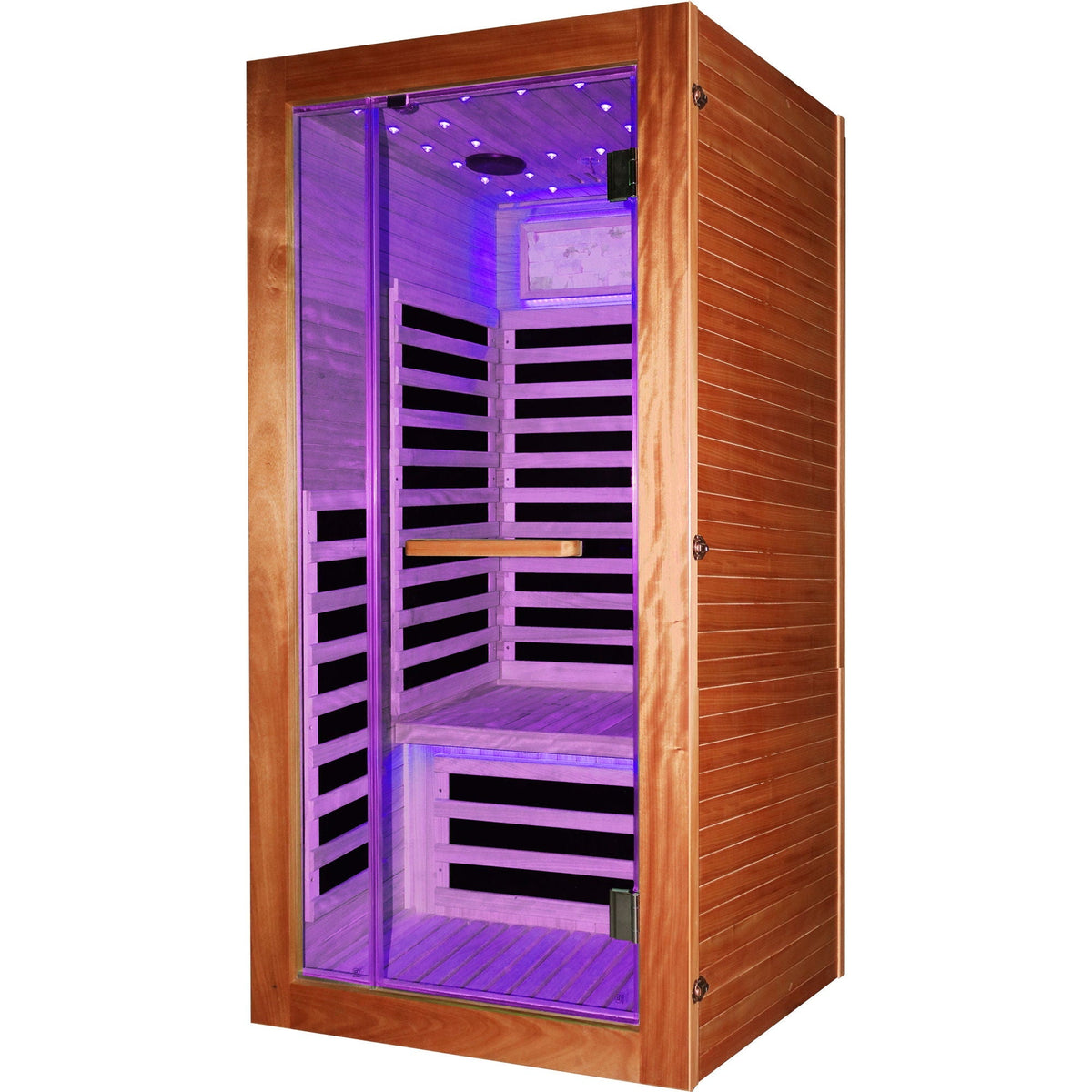 Single Person Sauna Room With LED Lighting, Epoxy Heating Plates, And Compact Design - American White Oak - The Vitality Estate