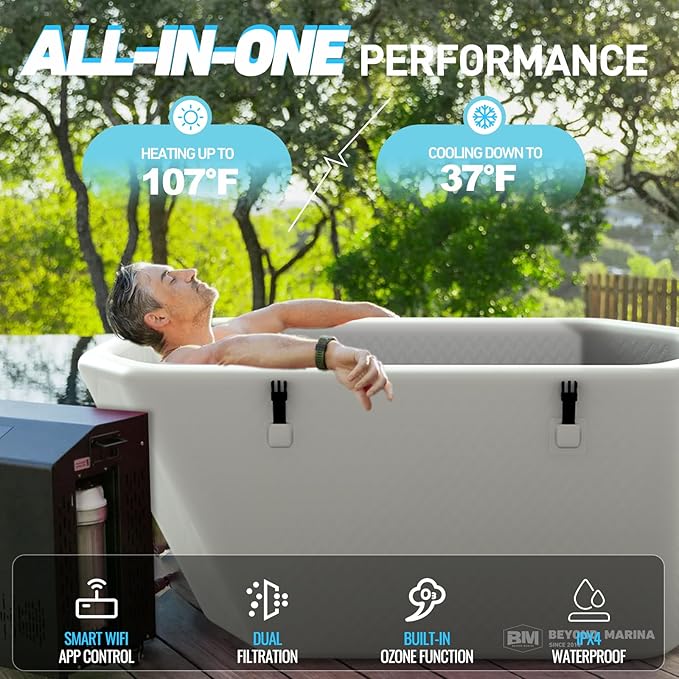 Slanted-Edge Cold Plunge Tub with 1 HP Chiller, Inflatable Ice Bath Tub with Hot & Cold Modes, Ozone, Smart WiFi, Dual Filters, Fast Cooling, 120 Gal, 61" L x 31.5" W x 24.8" H - The Vitality Estate