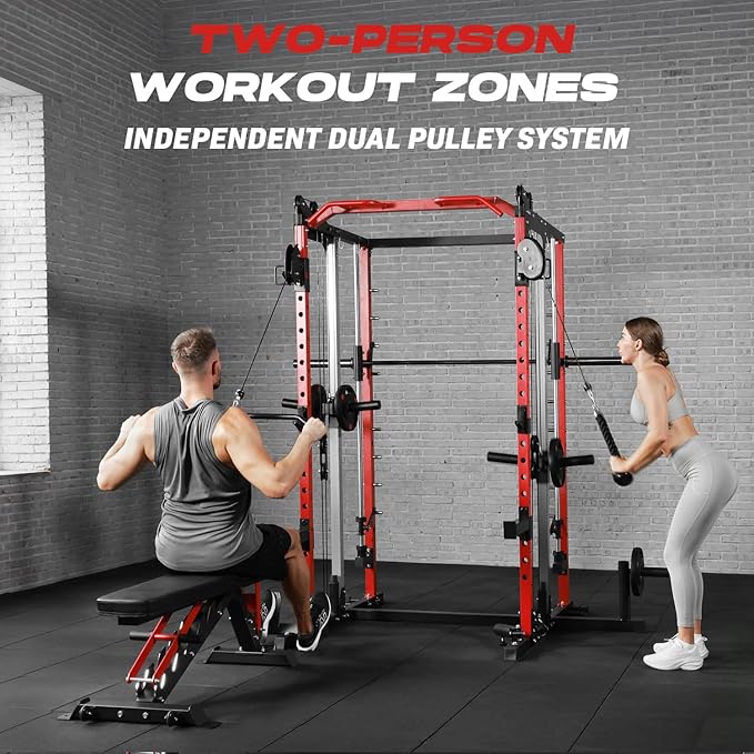 Smith Machine Home Gym, Multi-Function Power Cage with Dual Pulley Cable Crossover System, All-in-One Squat Rack with Smith Bar and Strength Training Attachments for Full-Body Workouts - The Vitality Estate