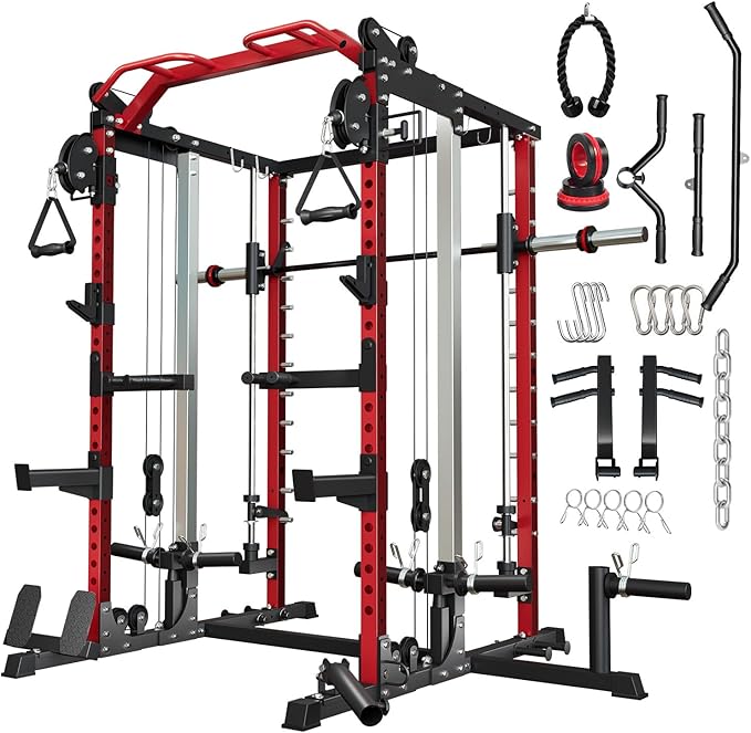Smith Machine Home Gym, Multi-Function Power Cage with Dual Pulley Cable Crossover System, All-in-One Squat Rack with Smith Bar and Strength Training Attachments for Full-Body Workouts - The Vitality Estate