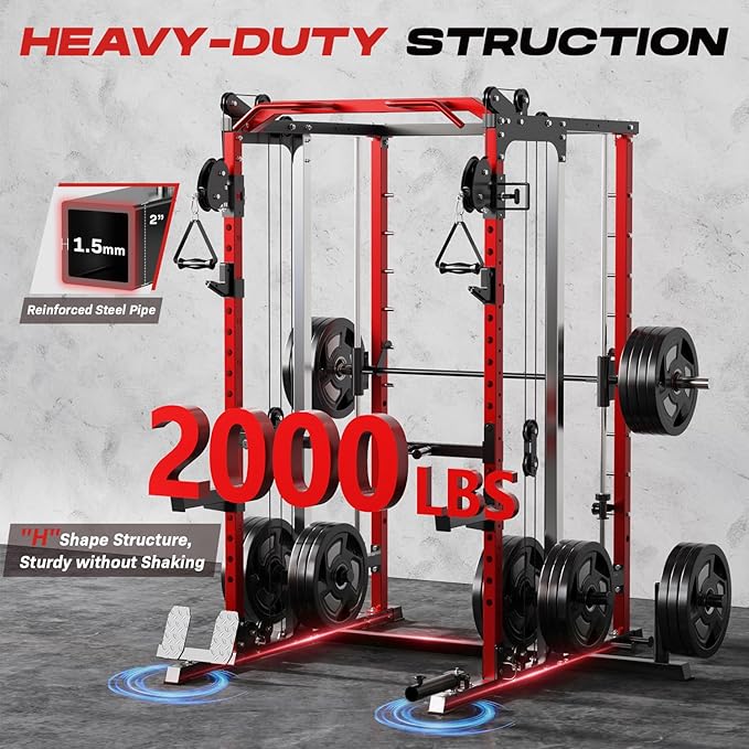 Smith Machine Home Gym, Multi-Function Power Cage with Dual Pulley Cable Crossover System, All-in-One Squat Rack with Smith Bar and Strength Training Attachments for Full-Body Workouts - The Vitality Estate