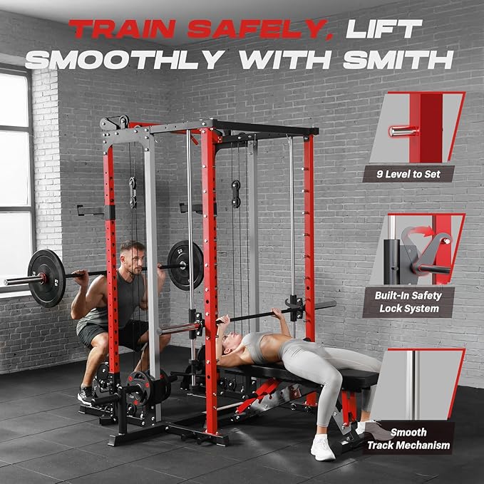 Smith Machine Home Gym, Multi-Function Power Cage with Dual Pulley Cable Crossover System, All-in-One Squat Rack with Smith Bar and Strength Training Attachments for Full-Body Workouts - The Vitality Estate