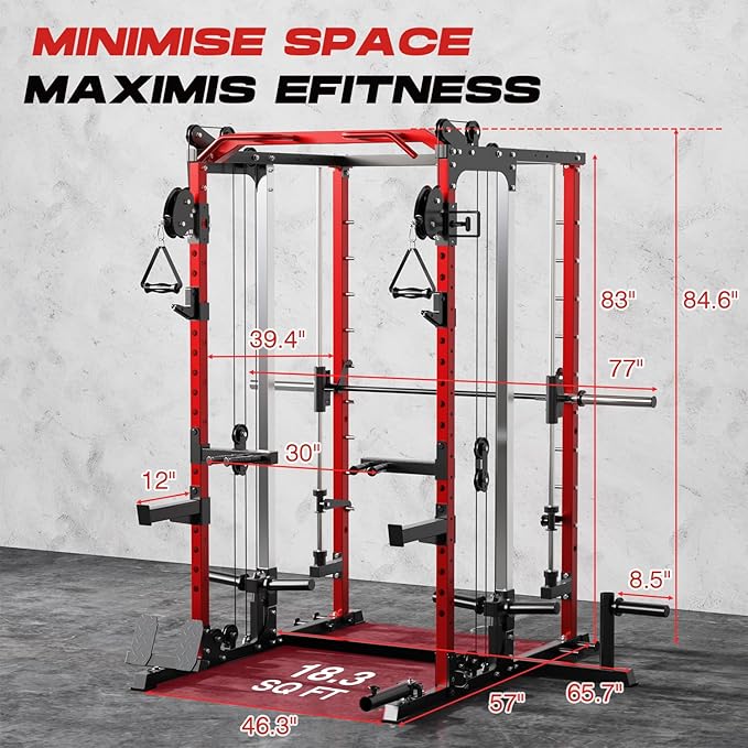 Smith Machine Home Gym, Multi-Function Power Cage with Dual Pulley Cable Crossover System, All-in-One Squat Rack with Smith Bar and Strength Training Attachments for Full-Body Workouts - The Vitality Estate