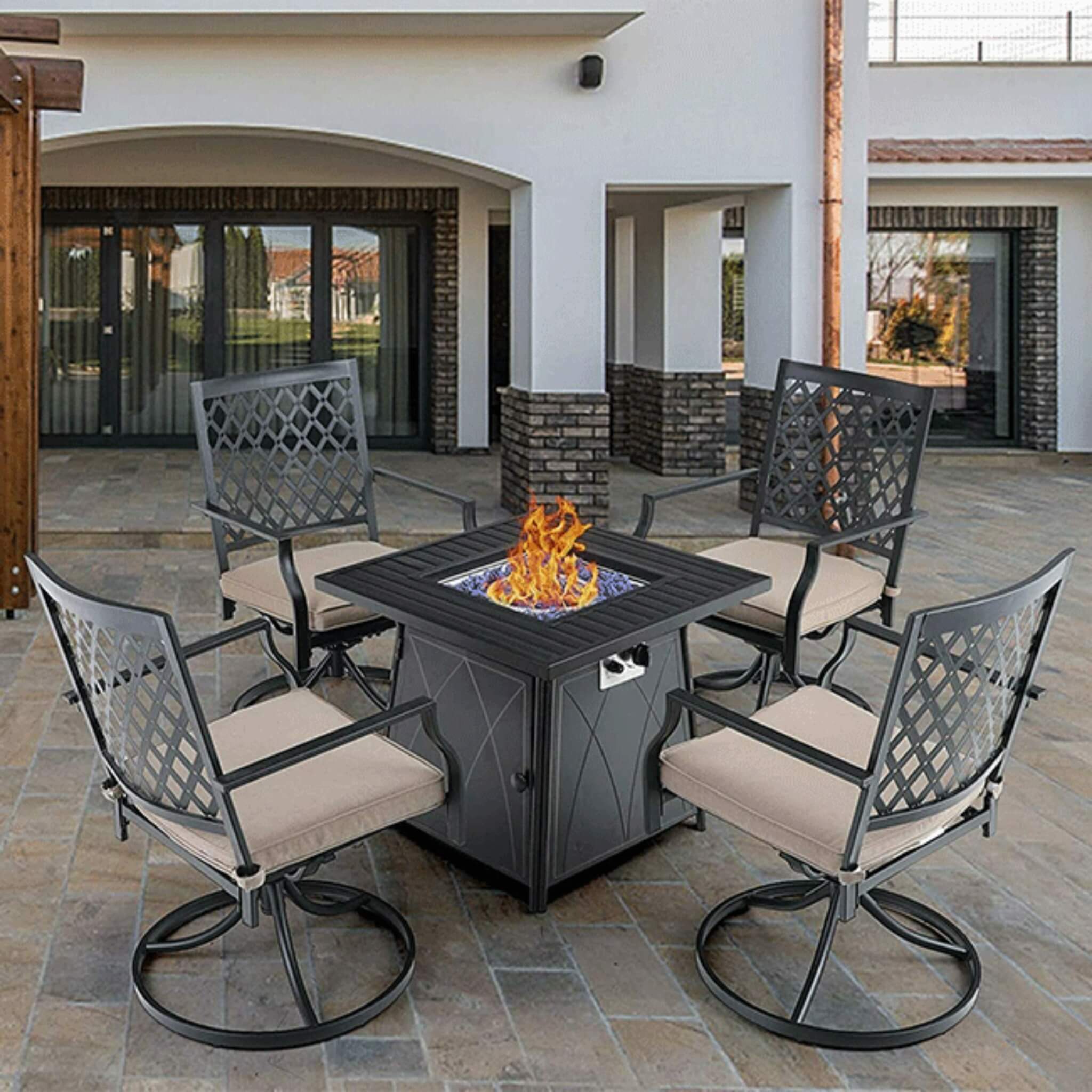Sophia & William Outdoor Gas Fire Pit Table Set W/ Cushioned Swivel Dining Chairs, 5PCS (SAK63872) - The Vitality Estate