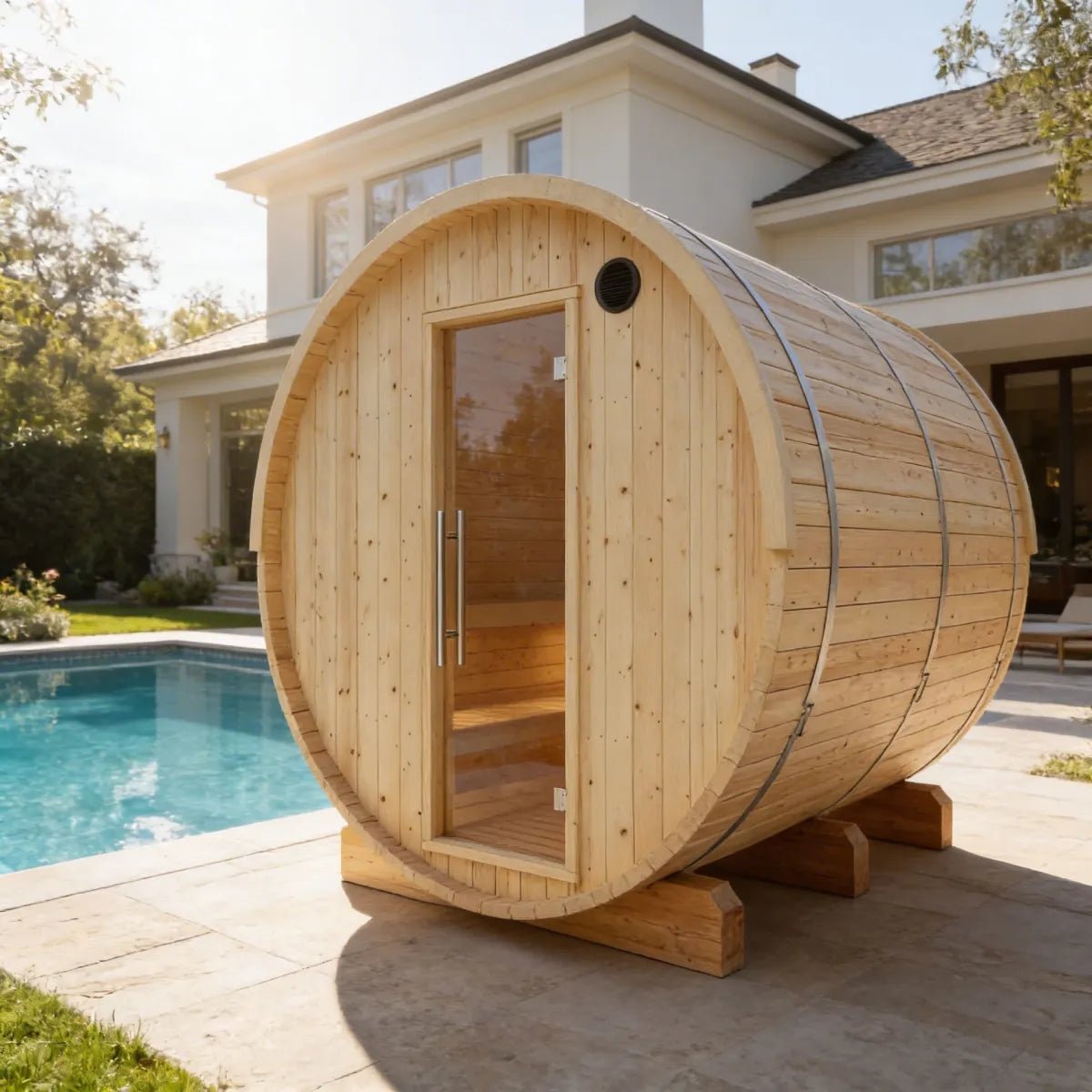 Tampere Finnish Barrel Sauna with WiFi Heater - Finnish Sauna Builders - The Vitality Estate
