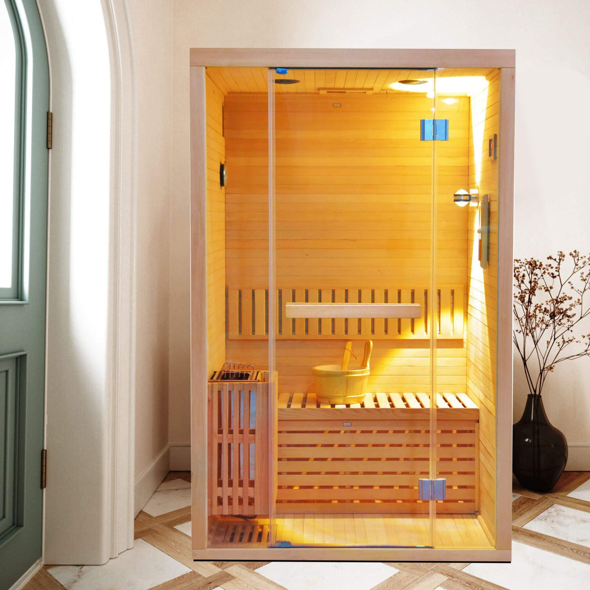 Thermora Alpine Premium 2-Person 3KW Hemlock Wood Sauna With LED Wall Light (SAK28471) - The Vitality Estate