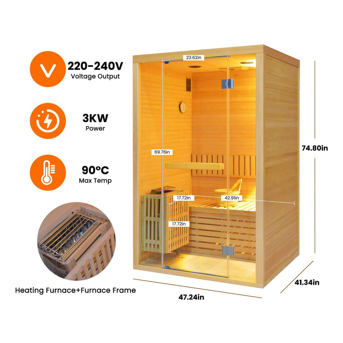 Thermora Alpine Premium 2-Person 3KW Hemlock Wood Sauna With LED Wall Light (SAK28471) - The Vitality Estate