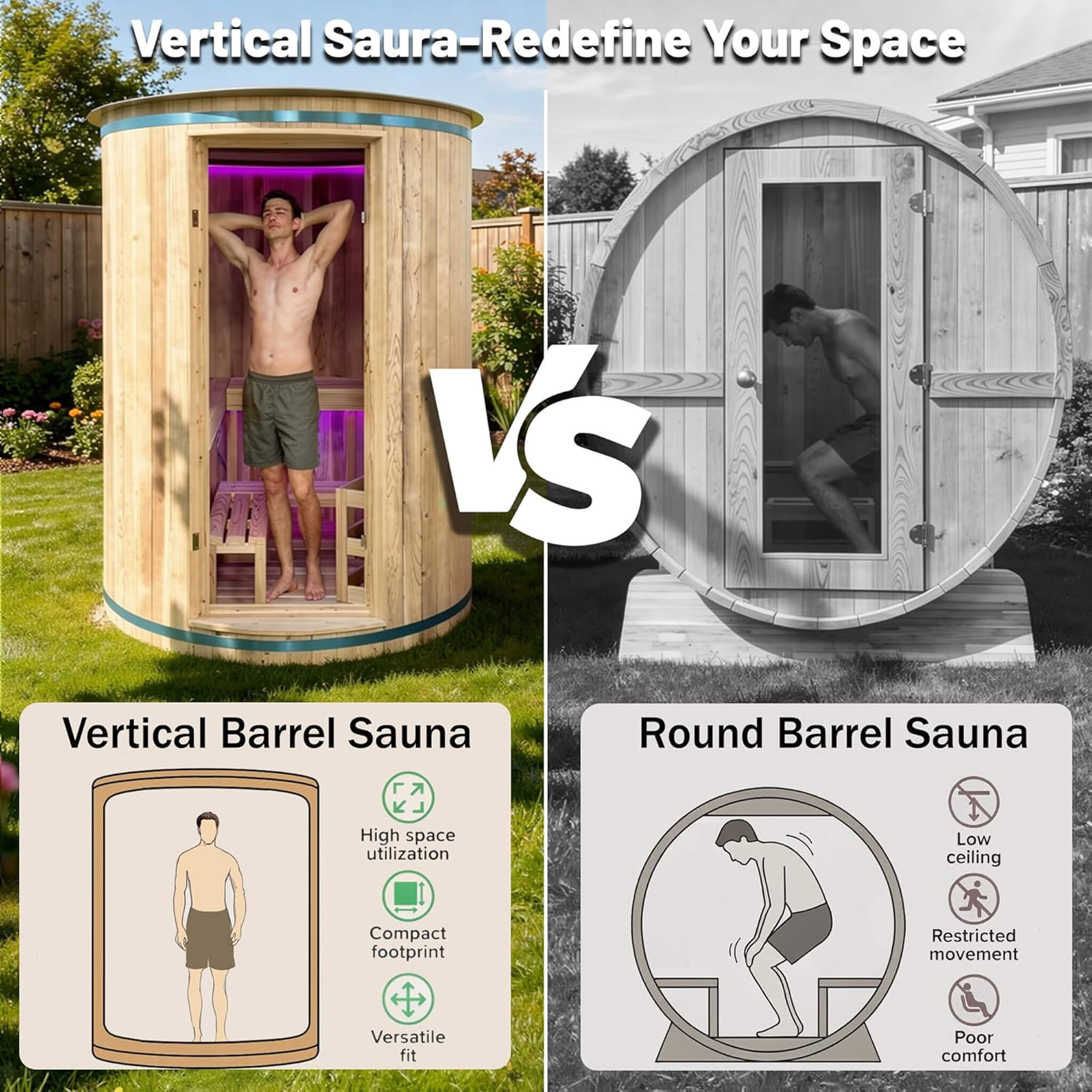 Thermora Barcelona Premium 78-Inch 4-Person Cedar Wood Outdoor Vertical Barrel Sauna With 6KW Heater, LED Lights And Stones (SAK74813) - The Vitality Estate