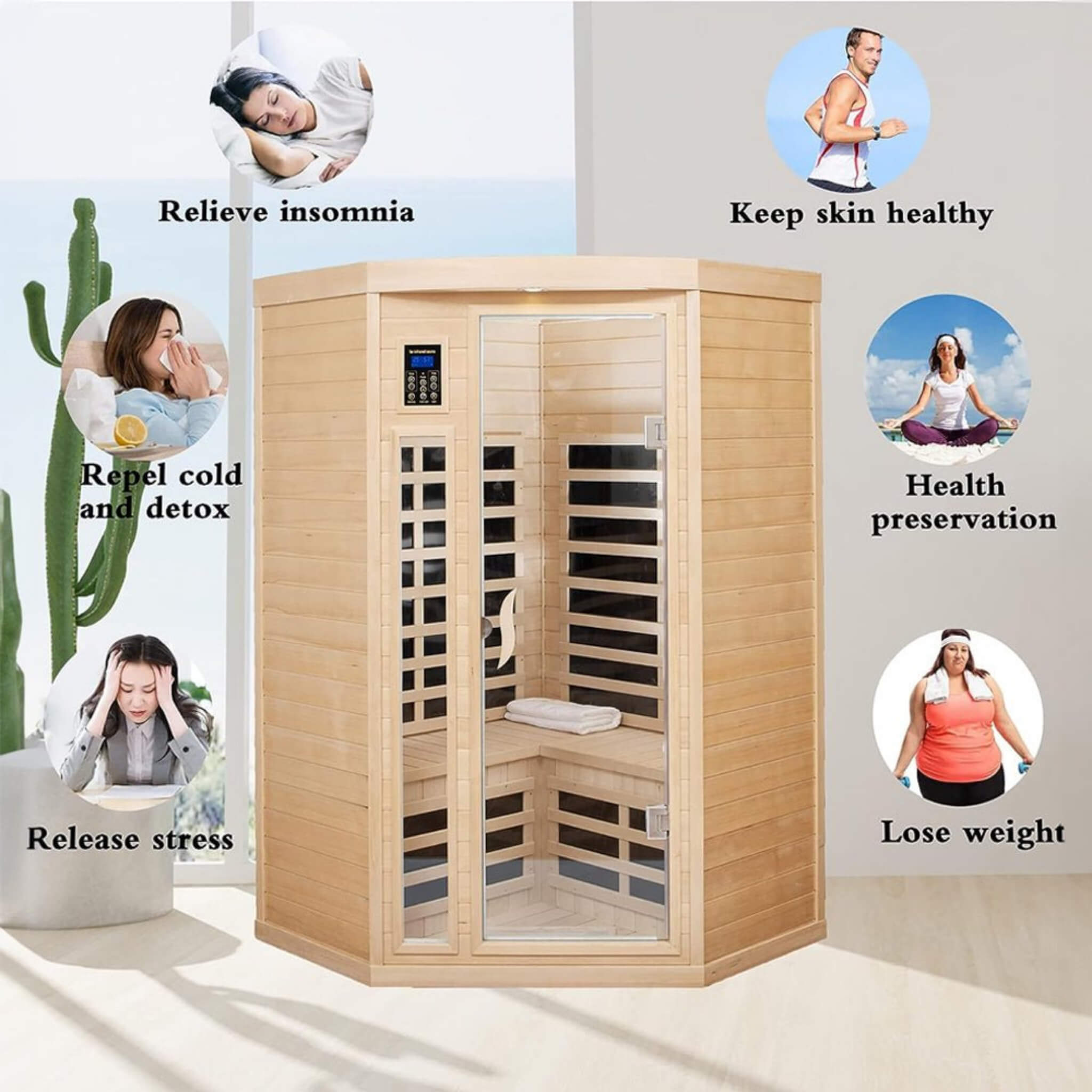 Thermora Laurent Premium 2-Person 1600W Corner Space Infrared Wooden Sauna Room With Bluetooth Speakers (SAK81524) - The Vitality Estate