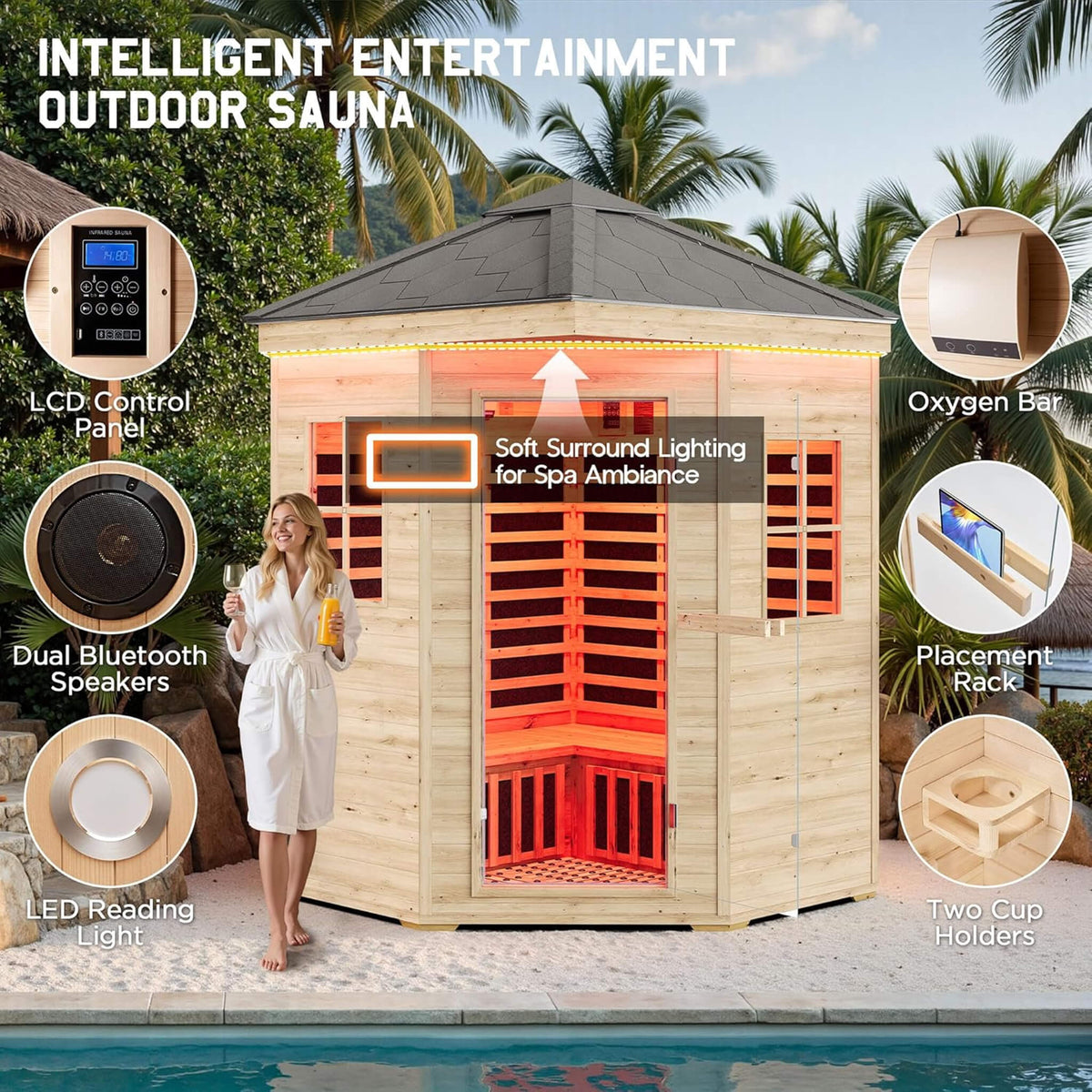 Thermora Monaco 4-Person Low EMF Spruce Wood Outdoor Infrared Sauna With Bluetooth Speakers And LED Lights (SAK16270) - The Vitality Estate