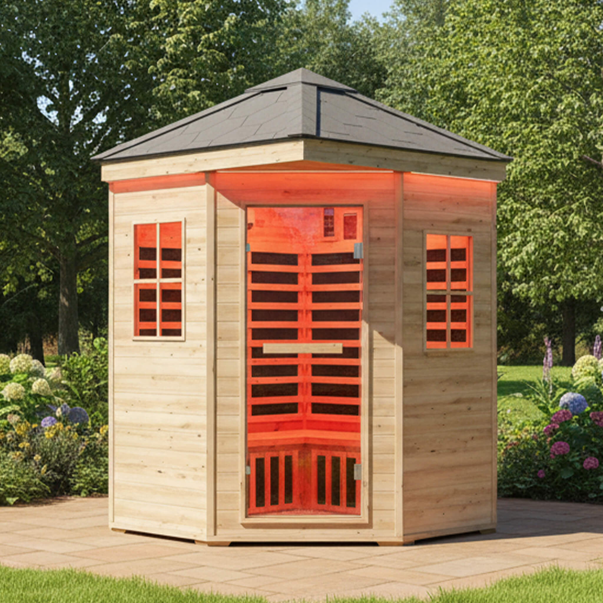 Thermora Monaco 4-Person Low EMF Spruce Wood Outdoor Infrared Sauna With Bluetooth Speakers And LED Lights (SAK16270) - The Vitality Estate