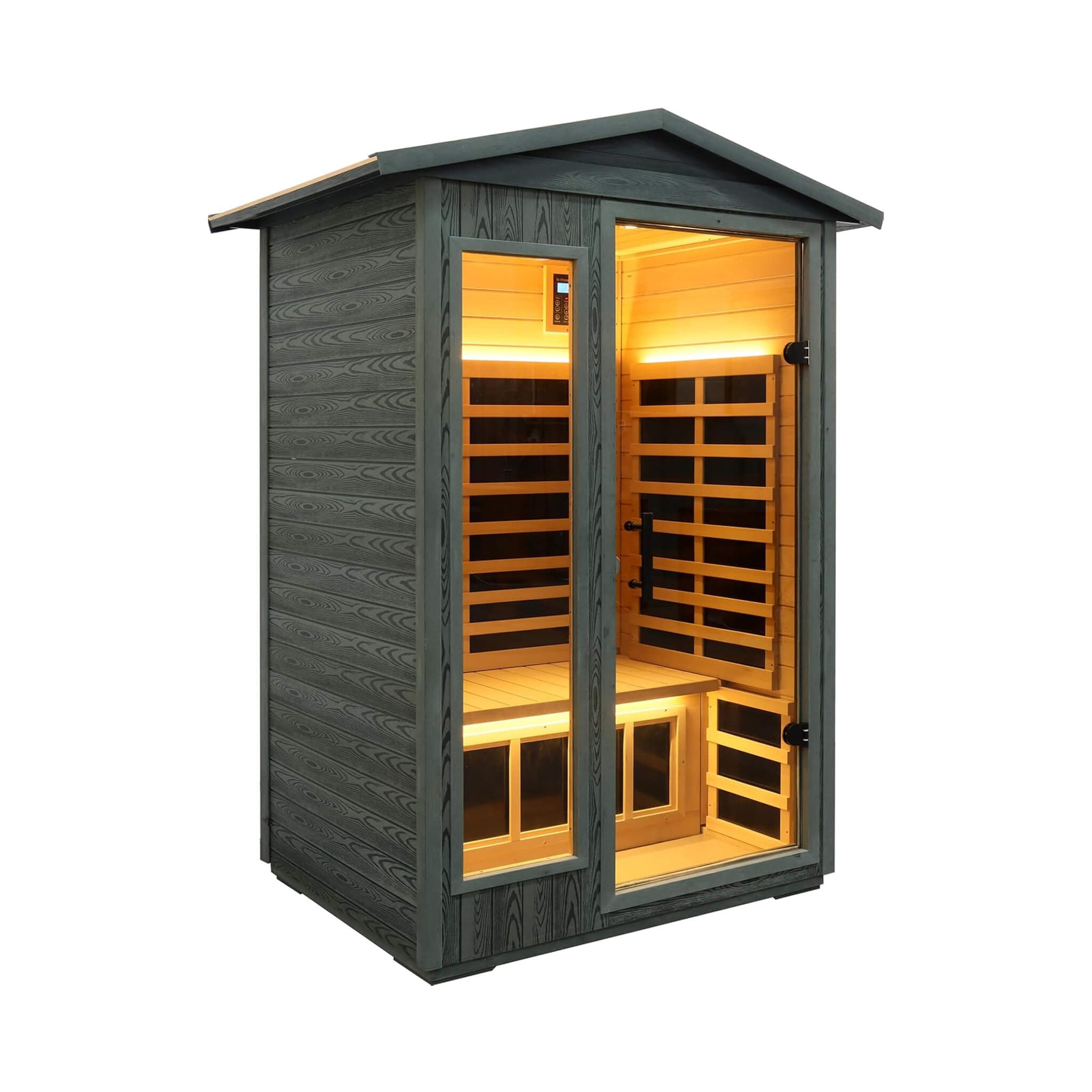Thermora Riva Premium 2-Person Black Carbonized Walnut Low EMF Far Infrared Outdoor Sauna With Bluetooth Audio And LED Lighting (SAK16850) - The Vitality Estate