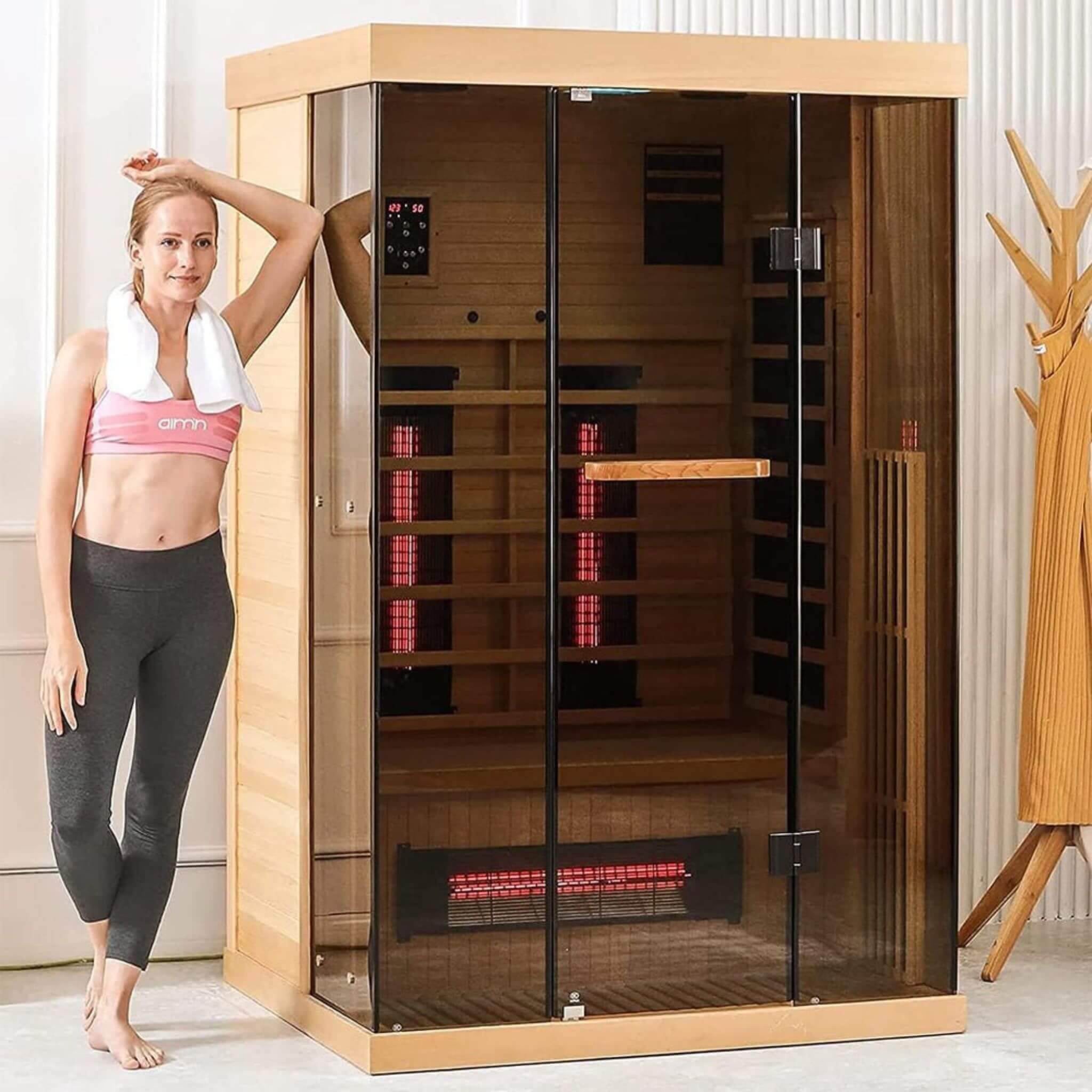 Thermora Valen Luxury 2-Person Low EMF FAR Infrared Heat Wood Home Personal Spa Sauna W/ Panoramic Tempered Glass, 2000W (SAK27481) - The Vitality Estate