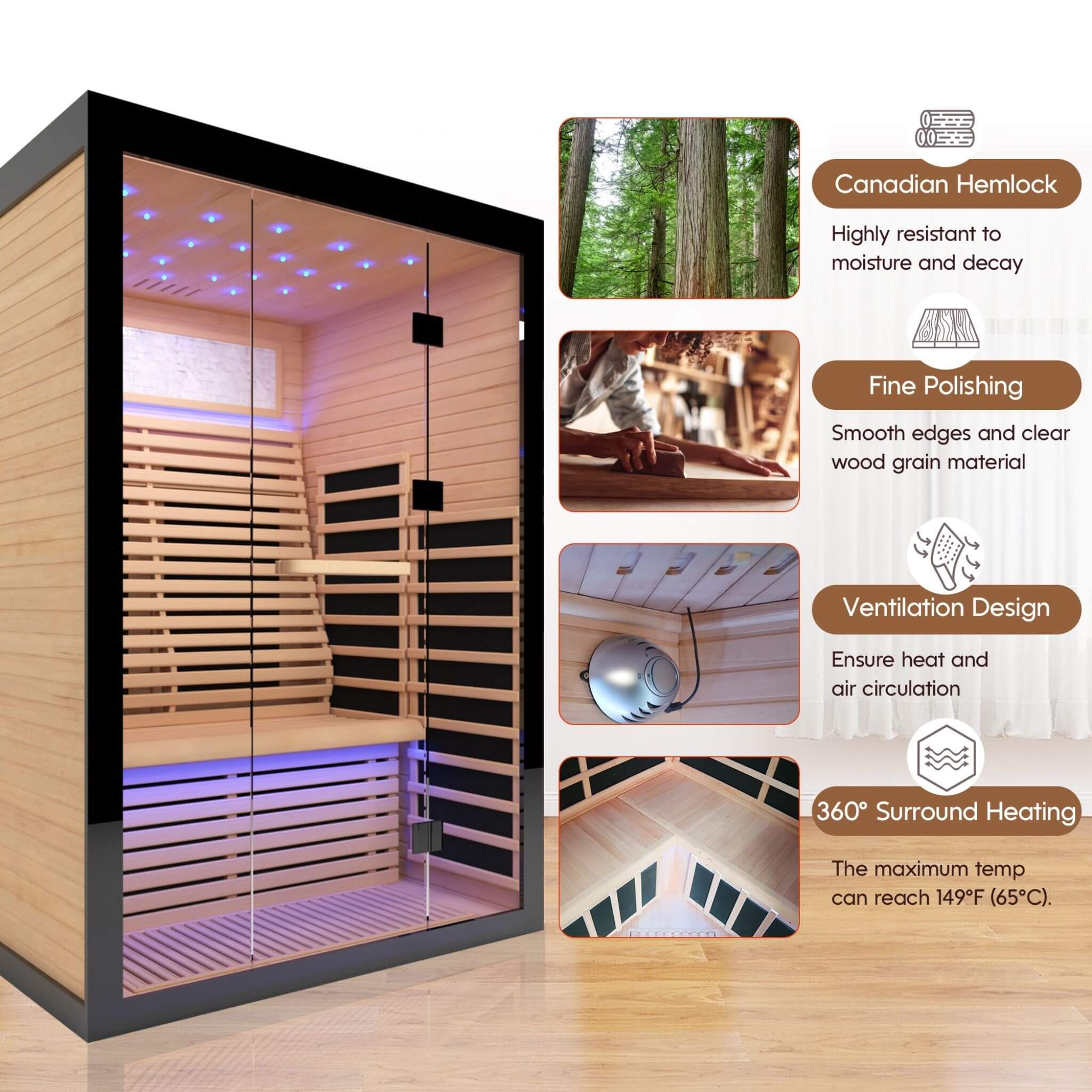 Thermora Vapor Luxury 2-Person Canadian Hemlock Wood Far Infrared Home Sauna (SAK56874) - The Vitality Estate