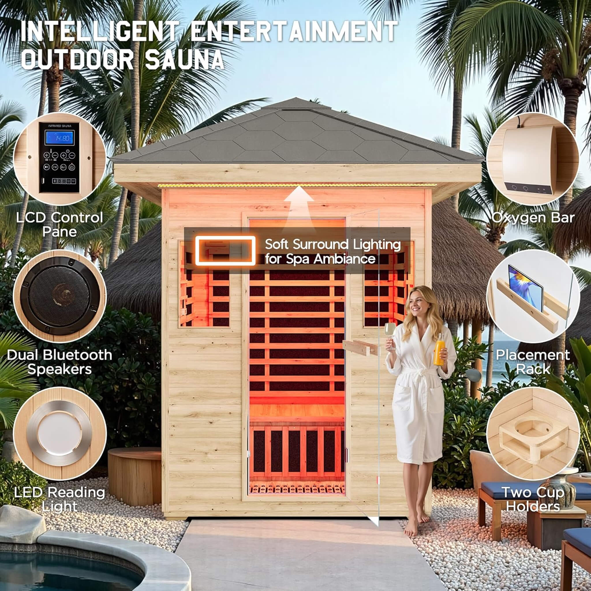 Thermora Zurich 3-Person Low EMF Spruce Wood Outdoor Infrared Sauna With Bluetooth Speakers And LED Lights (SAK59047) - The Vitality Estate