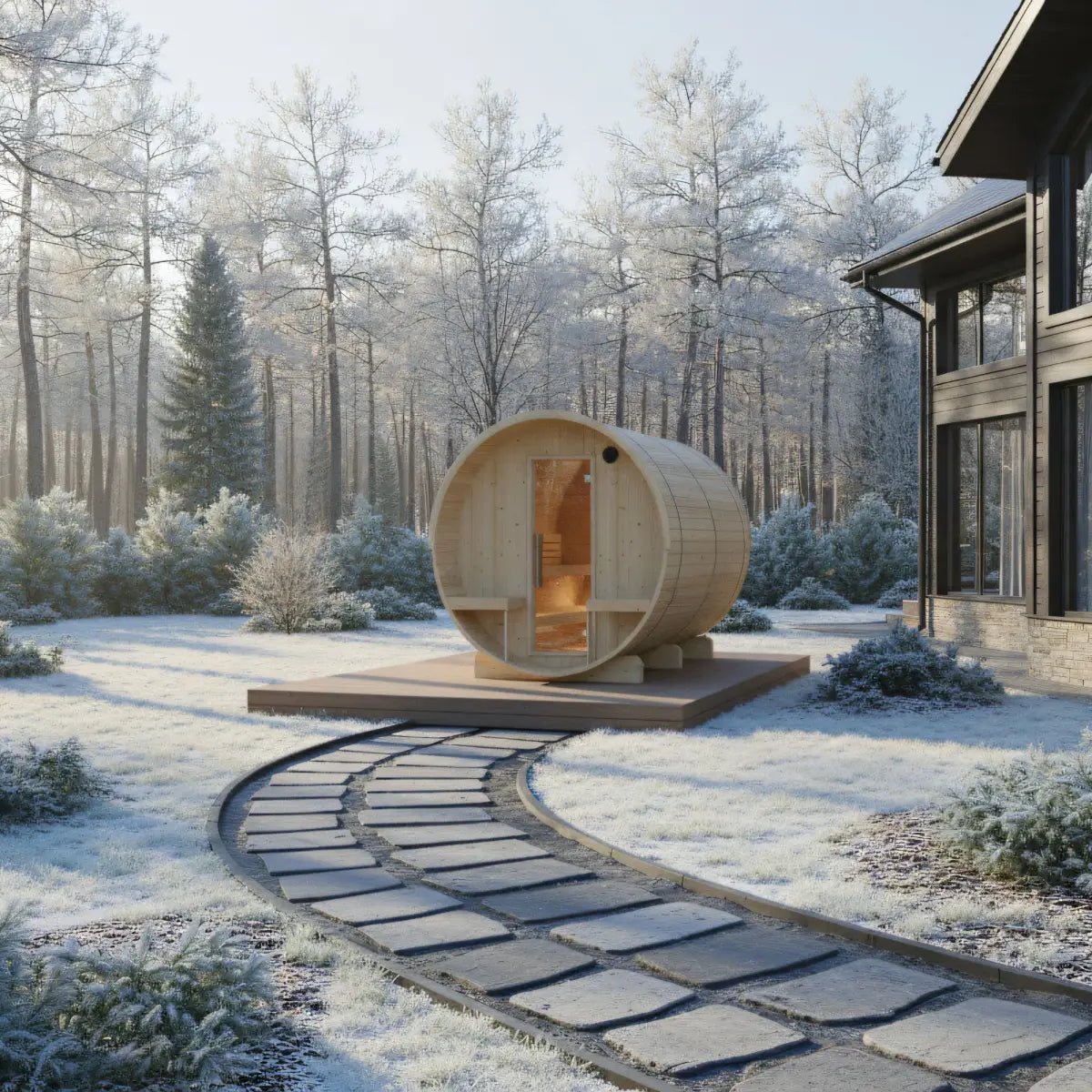 Turku Finnish Barrel Sauna with Terrace and WiFi Heater - Finnish Sauna Builders - The Vitality Estate