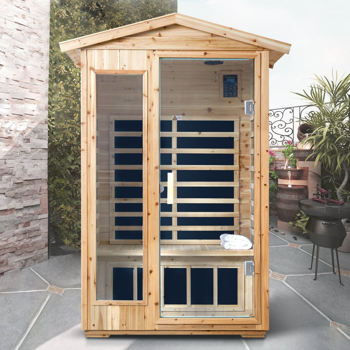 Two Person Far Infrared Old Fir Outdoor Sauna Room with Bluetooth and LED Lighting - The Vitality Estate