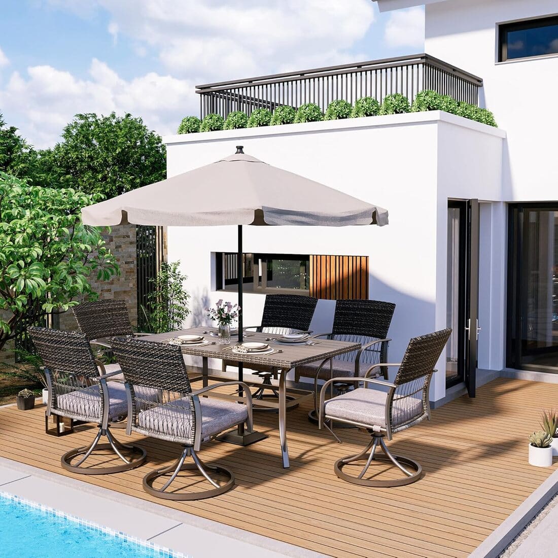Weave Outdoor Dining Set, 7-Piece, Full Swivel - The Vitality Estate