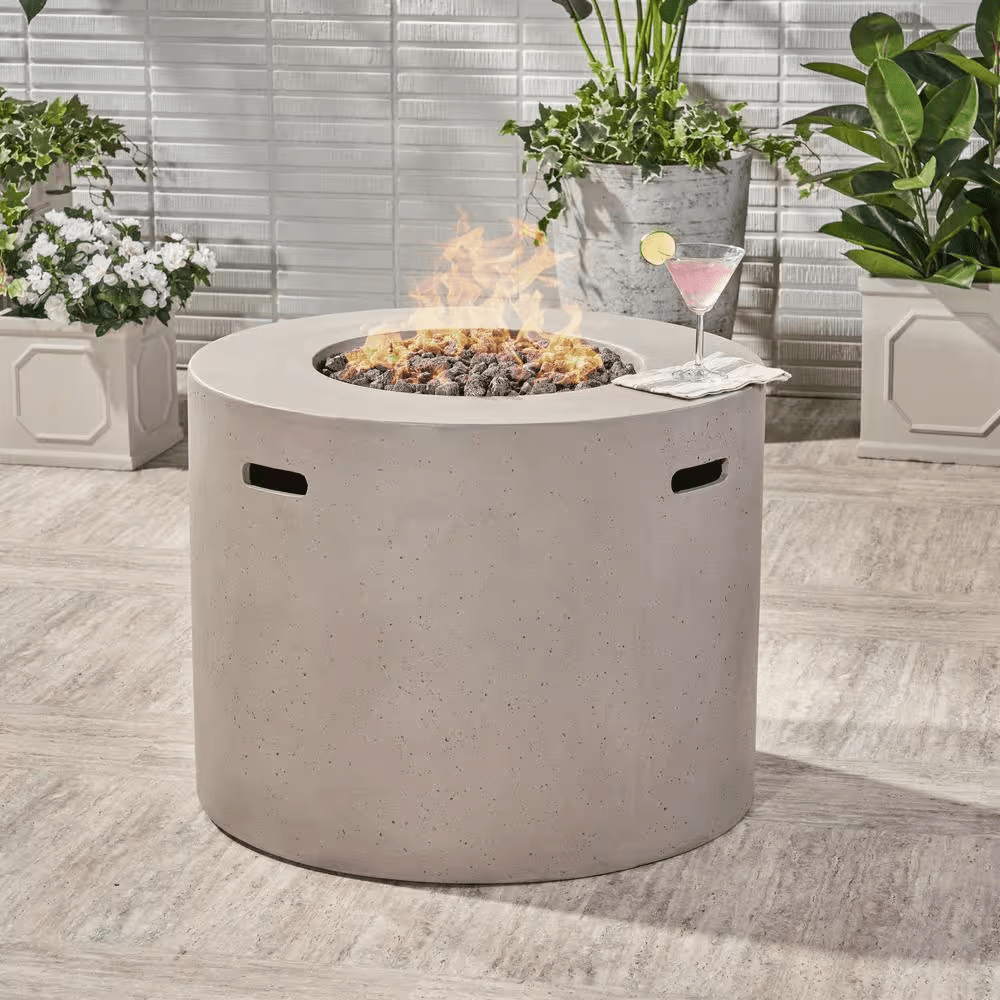 Zachary 31 In. X 24.5 In. Circular Concrete Propane Outdoor Patio Fire Pit in Light Gray - The Vitality Estate