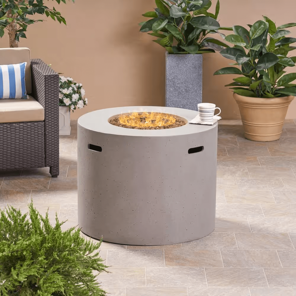 Zachary 31 In. X 24.5 In. Circular Concrete Propane Outdoor Patio Fire Pit in Light Gray - The Vitality Estate