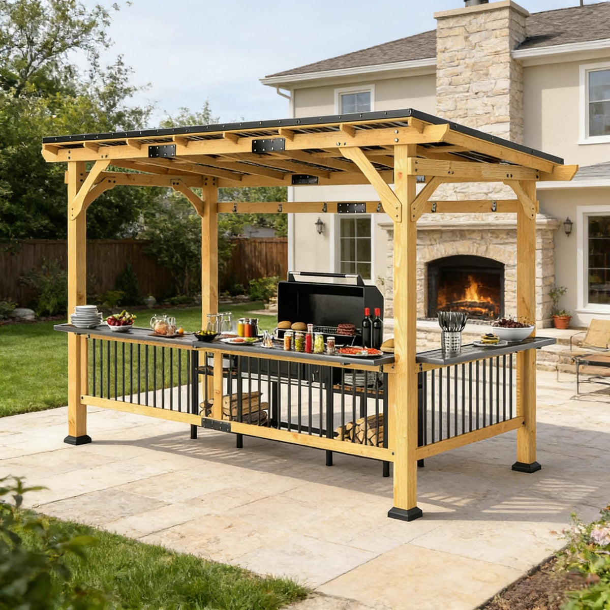 [06X13FT] Alora Premium Outdoor Hardtop Wooden BBQ Grill Gazebo (SAK97420) - The Vitality Estate