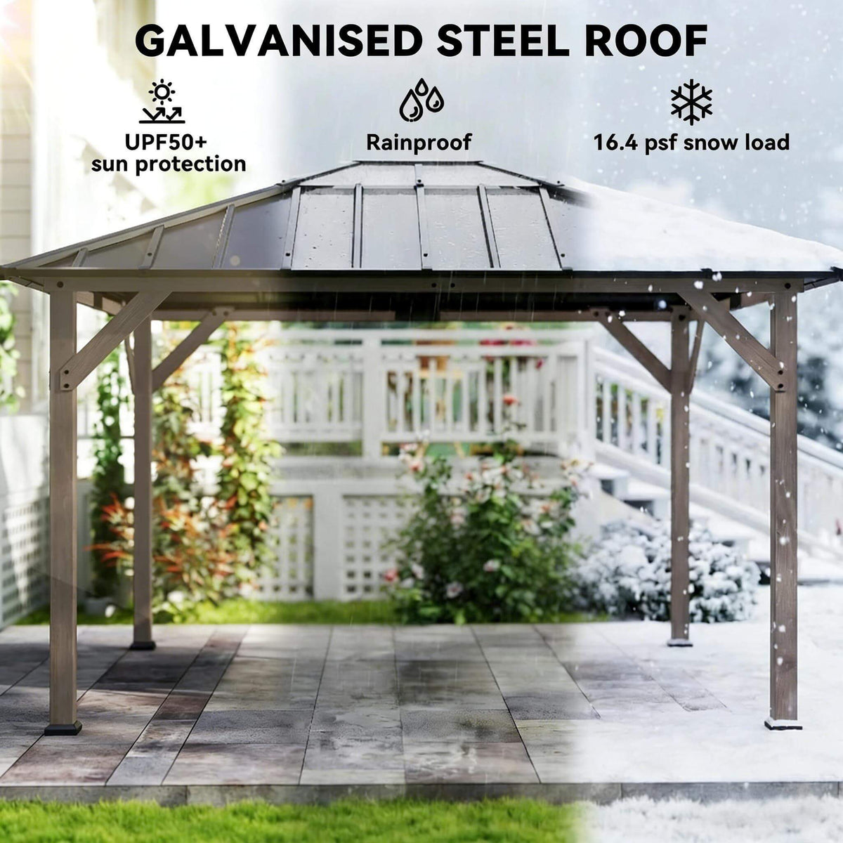 [08X10] Alora Heavy-Duty Fir Wood Hardtop Gazebo With Galvanized Steel Roof And Ceiling Hooks (SAK29467) - The Vitality Estate