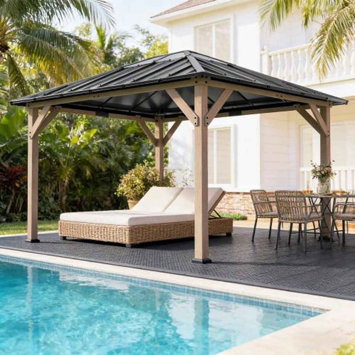 [08X10] Alora Heavy-Duty Fir Wood Hardtop Gazebo With Galvanized Steel Roof And Ceiling Hooks (SAK29467) - The Vitality Estate