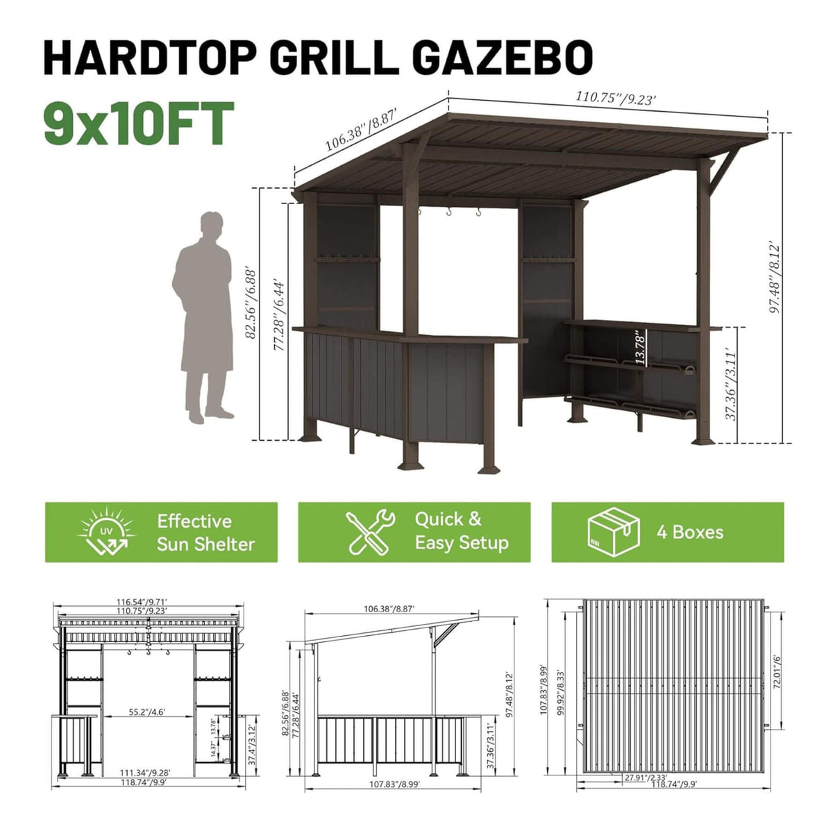 [09X10FT] Alora Modern Slanted Hardtop Alloy Steel Grill Gazebo (SAK32687) - The Vitality Estate