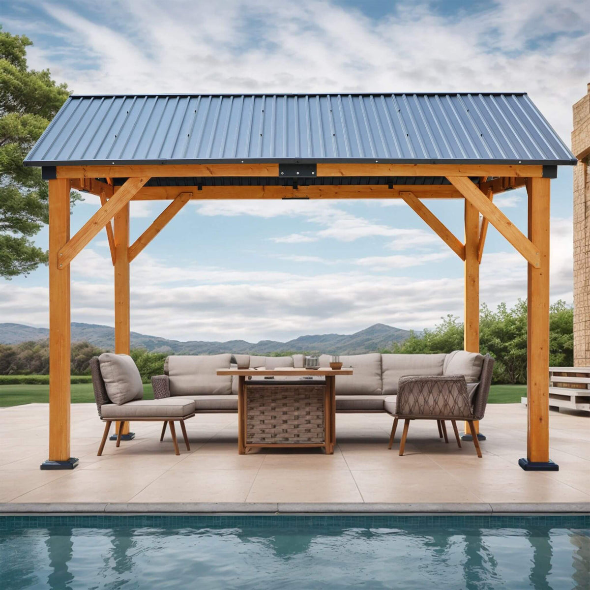 [09X11FT] Alora Heavy-Duty All-Weather Hardtop Wooden Carport Gazebo With Galvanized Steel Roof (SAK39187) - The Vitality Estate