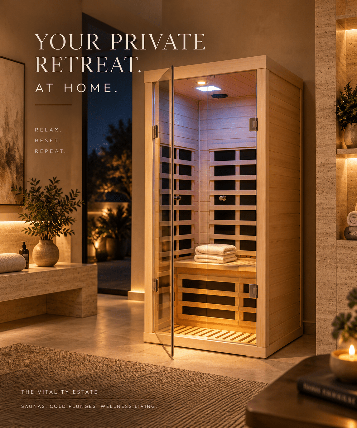 1-Person Low-EMF Hemlock Infrared Sauna with Glass Double Doors - The Vitality Estate