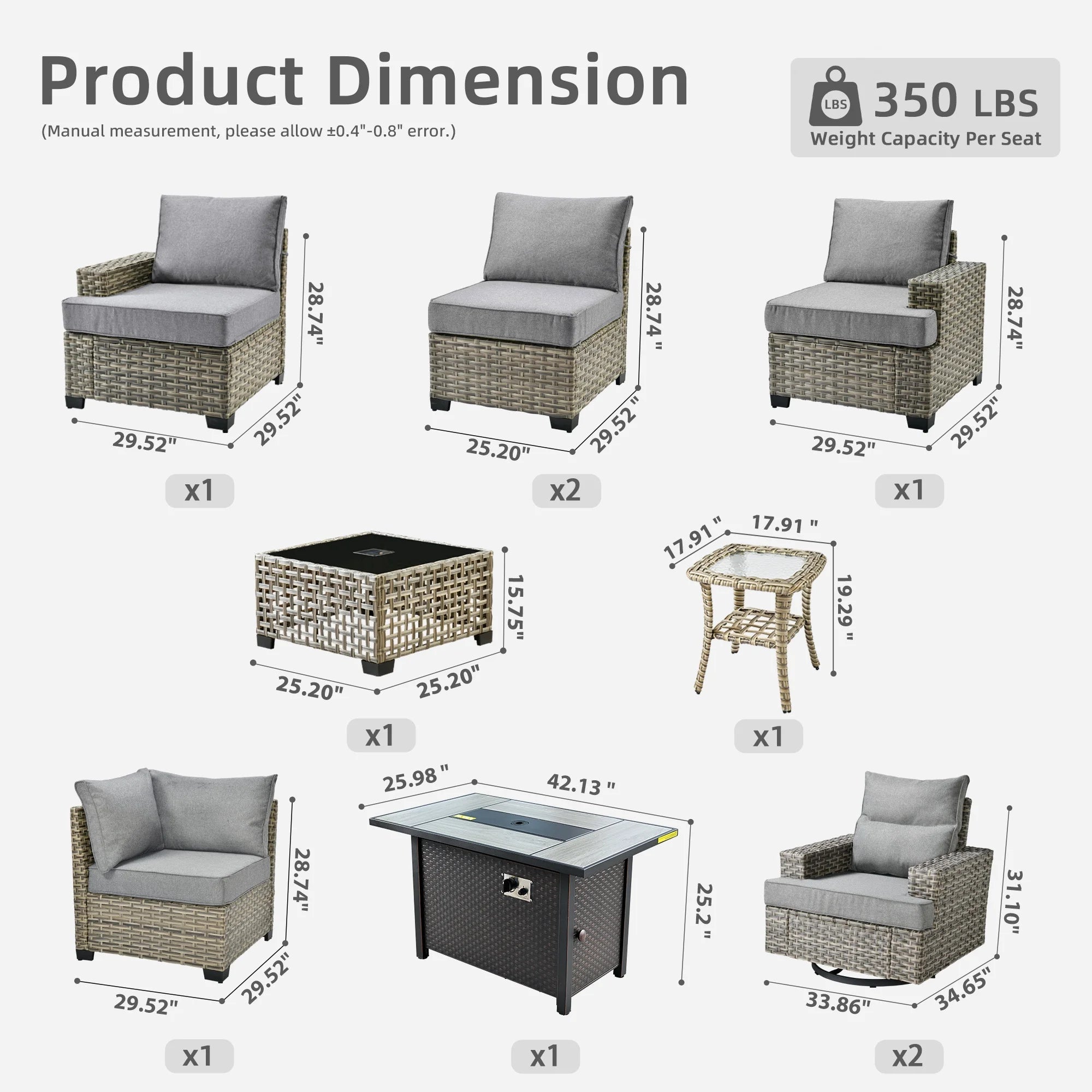 10 Pieces Outdoor Patio Furniture Set with Fire Pit All-Weather Wicker Sectional with Swivel Chairs, Dark Gray - The Vitality Estate