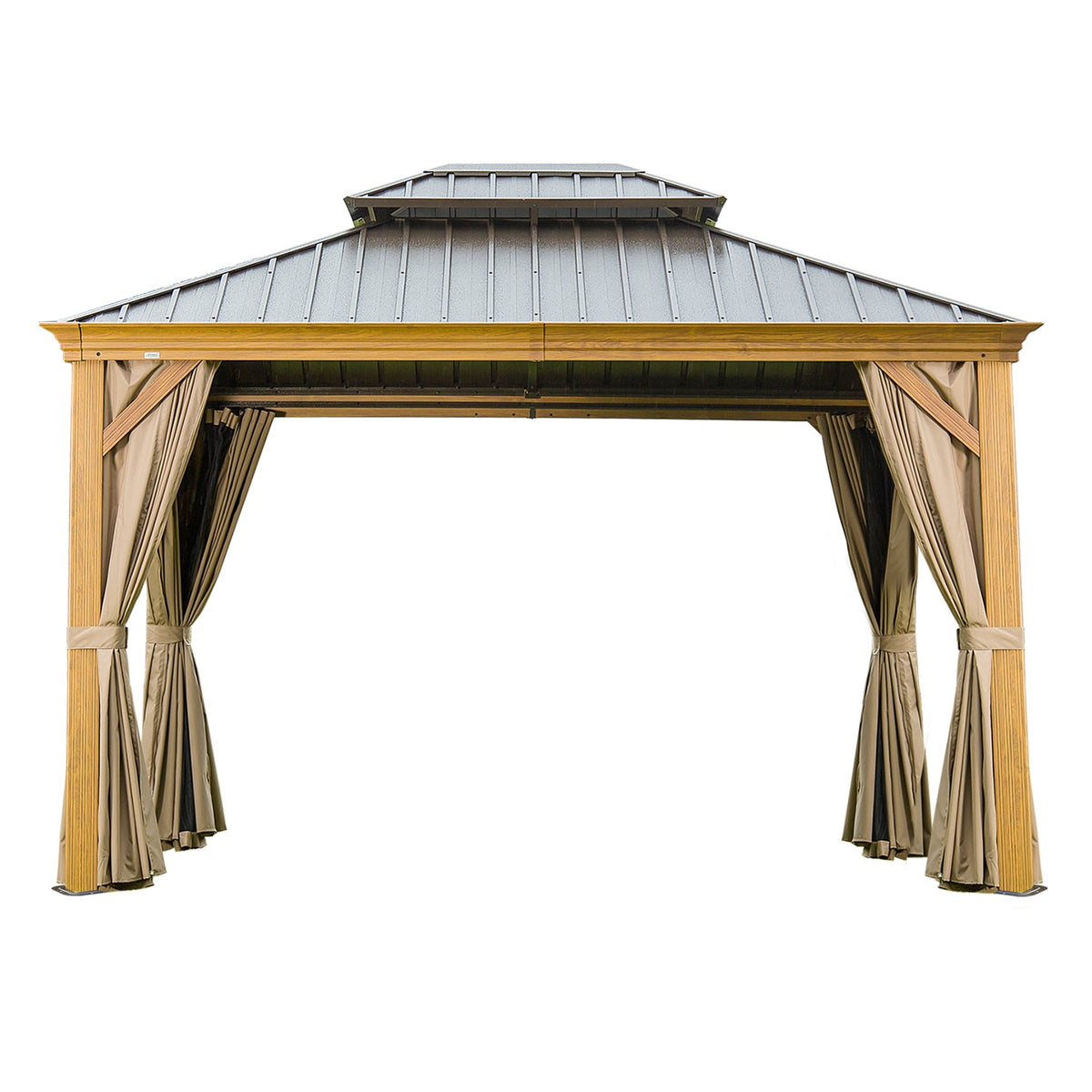 10'x12' Hardtop Gazebo with Wooden Coated Aluminum Frame and Double Steel Roof - The Vitality Estate
