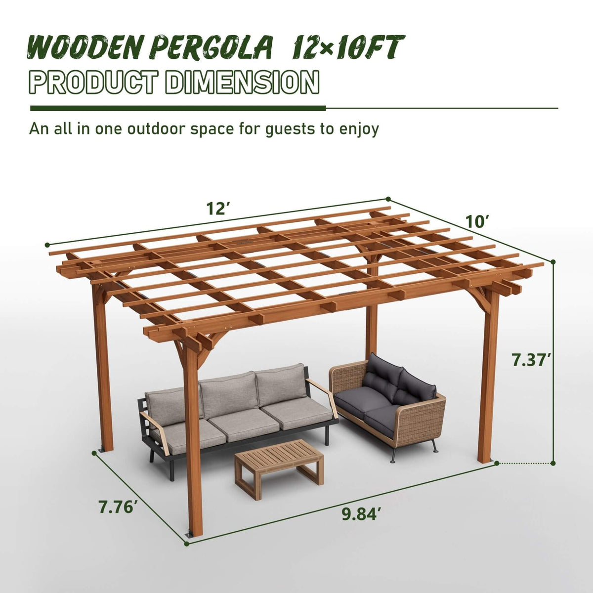[10X12FT] Alora Premium Extra Large Outdoor Weather-Resistant Wooden Grape Pergola (SAK16278) - The Vitality Estate
