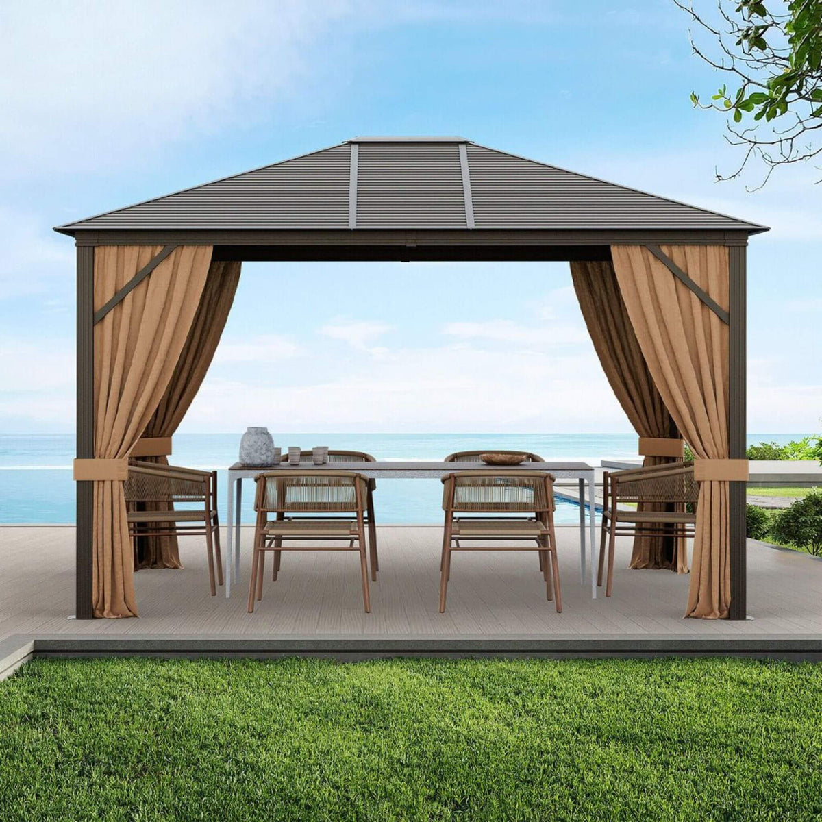 [10X12FT] Alora Premium Outdoor Hardtop Patio Gazebo W/ Galvanized Steel Top & Aluminum Frame (SAK74065) - The Vitality Estate